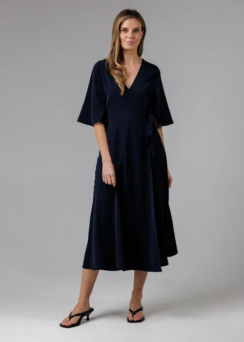 French Connection Navy V- Neck Bell Sleeve Wrap Tie Crepe Midi Dress - 14 Image 1