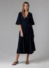French Connection Navy V- Neck Bell Sleeve Wrap Tie Crepe Midi Dress - 14 Image 1