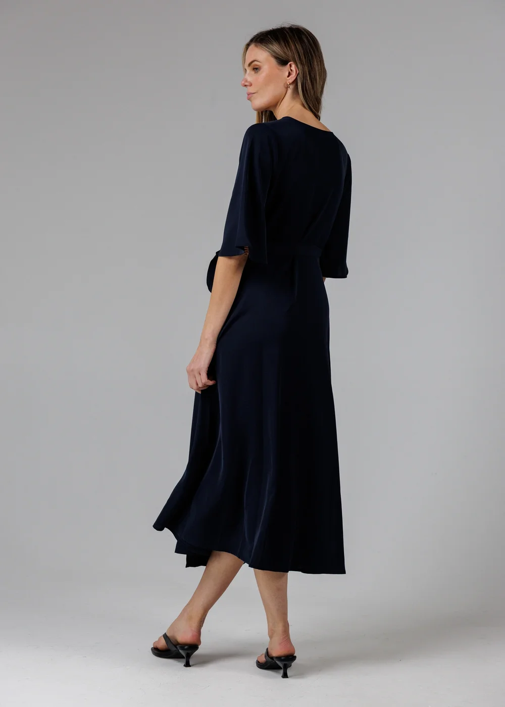 French Connection Navy V- Neck Bell Sleeve Wrap Tie Crepe Midi Dress - 14 Image 2