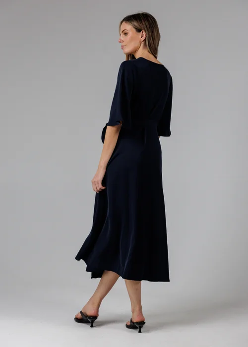 French Connection Navy V- Neck Bell Sleeve Wrap Tie Crepe Midi Dress - 14 Image 2