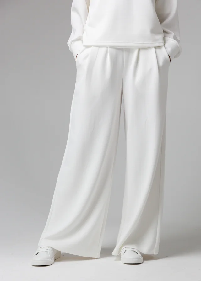 French Connection White Luxe Wide Leg Draped Trouser