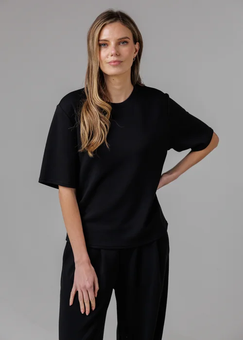 French Connection Black Luxe Short Sleeve Crew Neck Pinched Top - XL Image 3