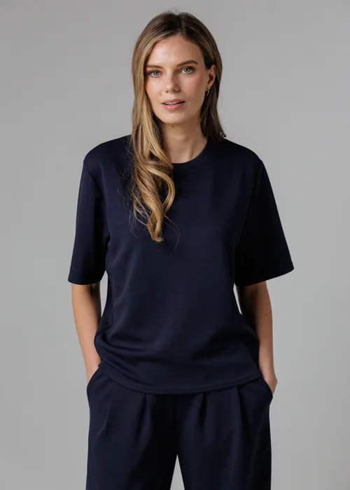 French Connection Navy Luxe Short Sleeve Crew Neck Pinched Top - M Image 1