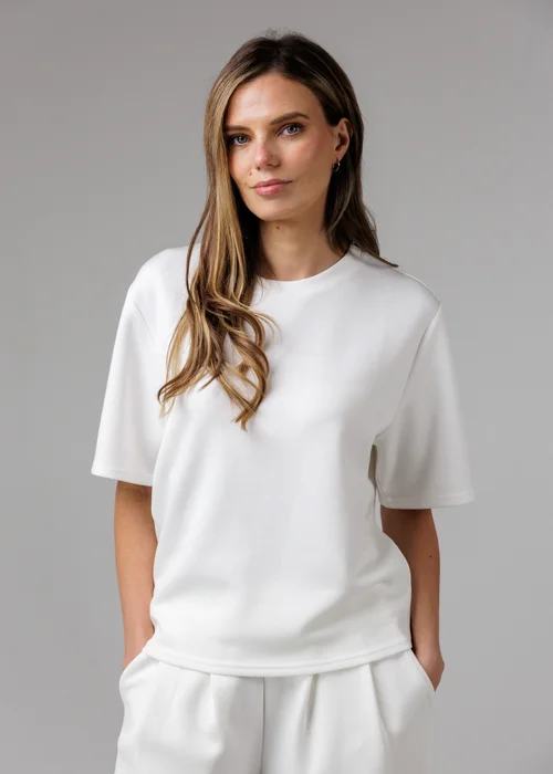 French Connection White Luxe Short Sleeve Crew Neck Pinched Top - XL Image 1