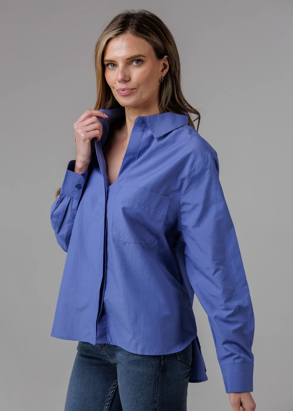 French Connection Blue Cotton Long Sleeve Chest Pocket Poplin Popover High-Low Hem Shirt - 16 Image 1
