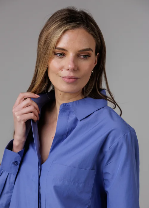 French Connection Blue Cotton Long Sleeve Chest Pocket Poplin Popover High-Low Hem Shirt - 16 Image 3