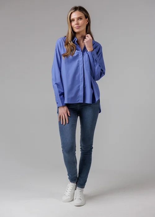 French Connection Blue Cotton Long Sleeve Chest Pocket Poplin Popover High-Low Hem Shirt - 16 Image 4