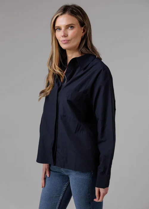 French Connection Navy Cotton Long Sleeve Chest Pocket Poplin Popover High-Low Hem Shirt - 12 Image 1