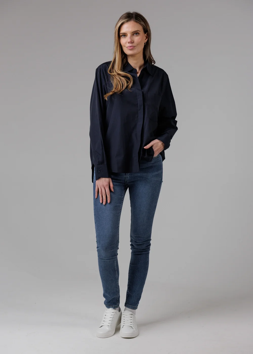 French Connection Navy Cotton Long Sleeve Chest Pocket Poplin Popover High-Low Hem Shirt - 12 Image 4