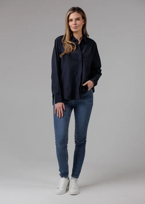 French Connection Navy Cotton Long Sleeve Chest Pocket Poplin Popover High-Low Hem Shirt - 12 Image 4