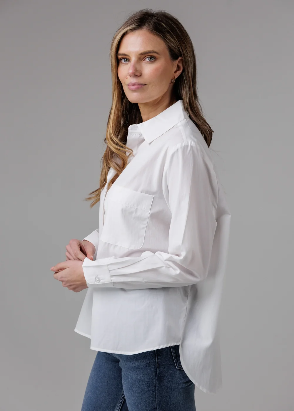 French Connection White Cotton Long Sleeve Chest Pocket Poplin Popover High-Low Hem Shirt - 8 Image 1