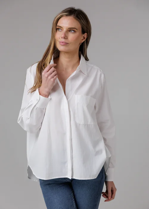 French Connection White Cotton Long Sleeve Chest Pocket Poplin Popover High-Low Hem Shirt - 8 Image 3