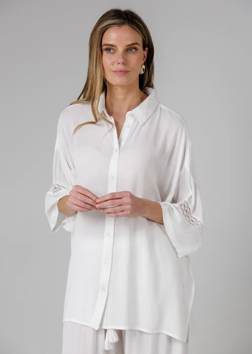 French Connection White Crinkle Trim Oversized Short Sleeve Button Up Shirt - XS Image 1