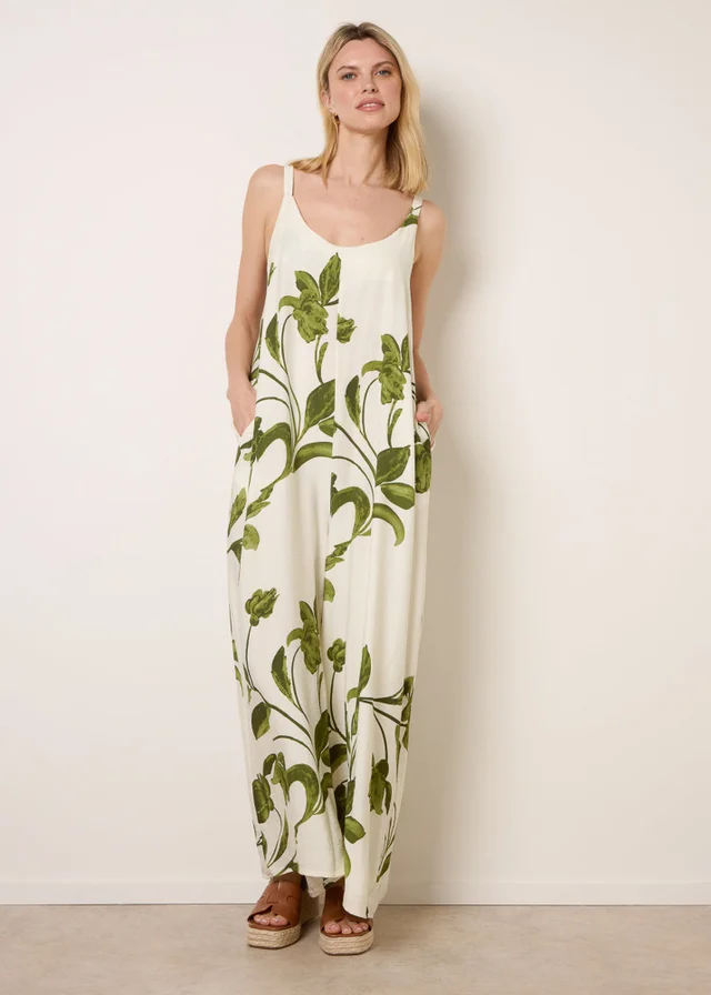 Blue Vanilla Green Floral Print Wide Leg Jumpsuit
