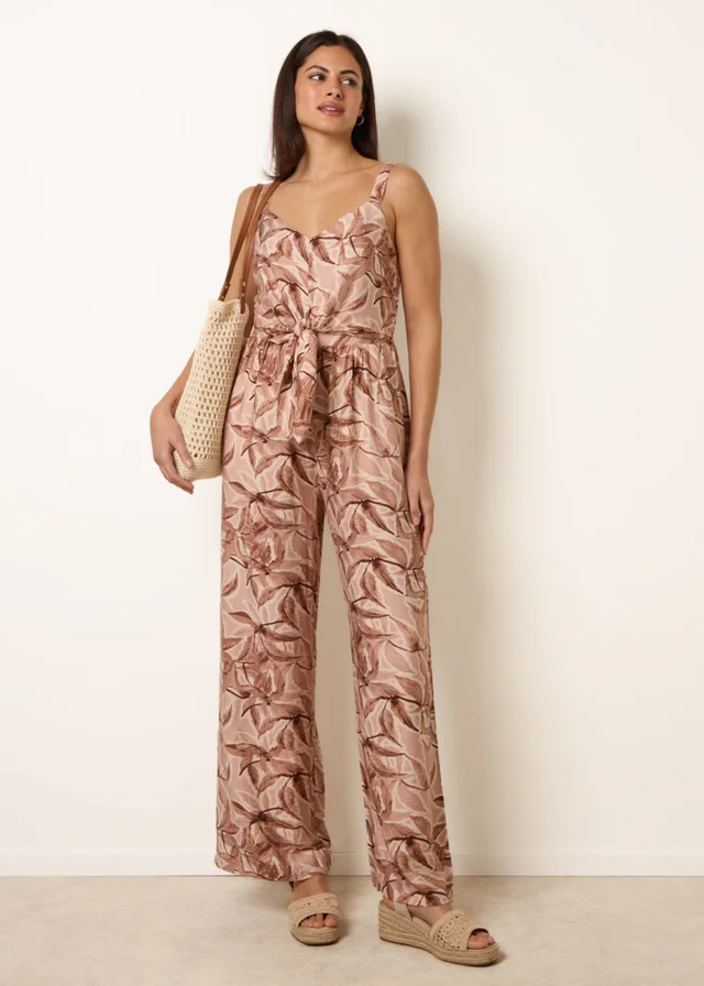 Blue Vanilla Beige Tie Front Jumpsuit