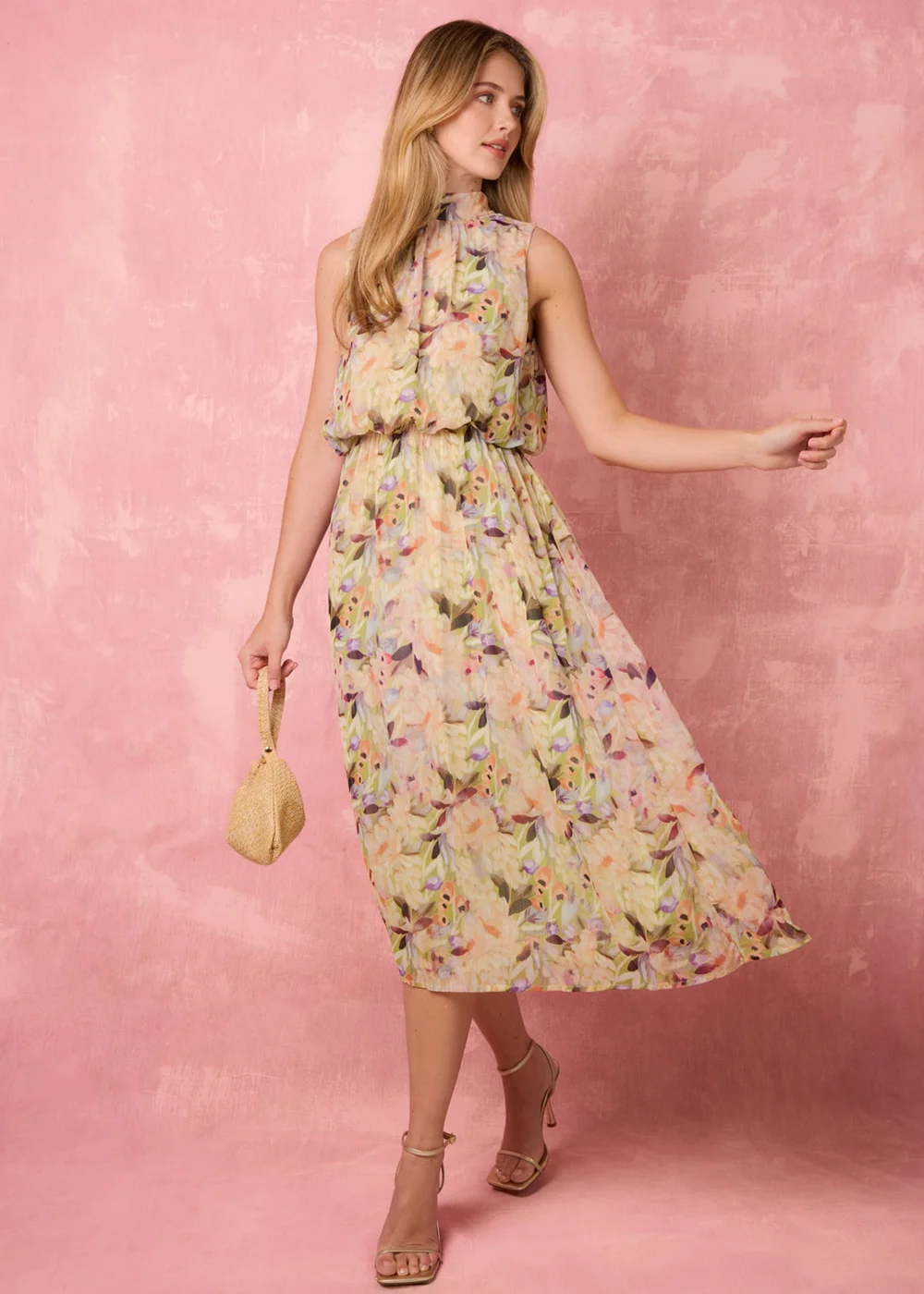 Blue Vanilla Green Watercolour Printed Sleeveless Midi Dress - M Image 1