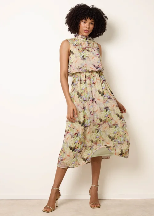 Blue Vanilla Green Watercolour Printed Sleeveless Midi Dress - M Image 2