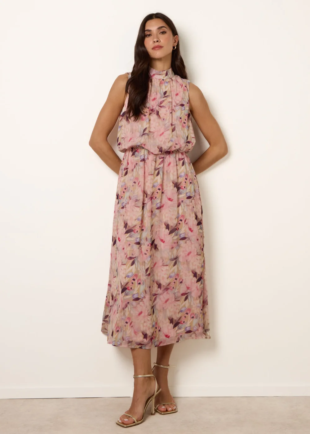 Blue Vanilla Pink Watercolour Printed Sleeveless Midi Dress - XL Image 5