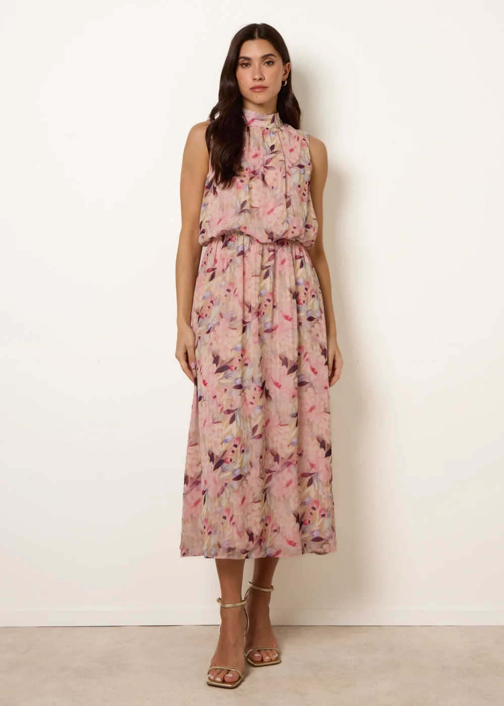 Blue Vanilla Pink Watercolour Printed Sleeveless Midi Dress - XL Image 3