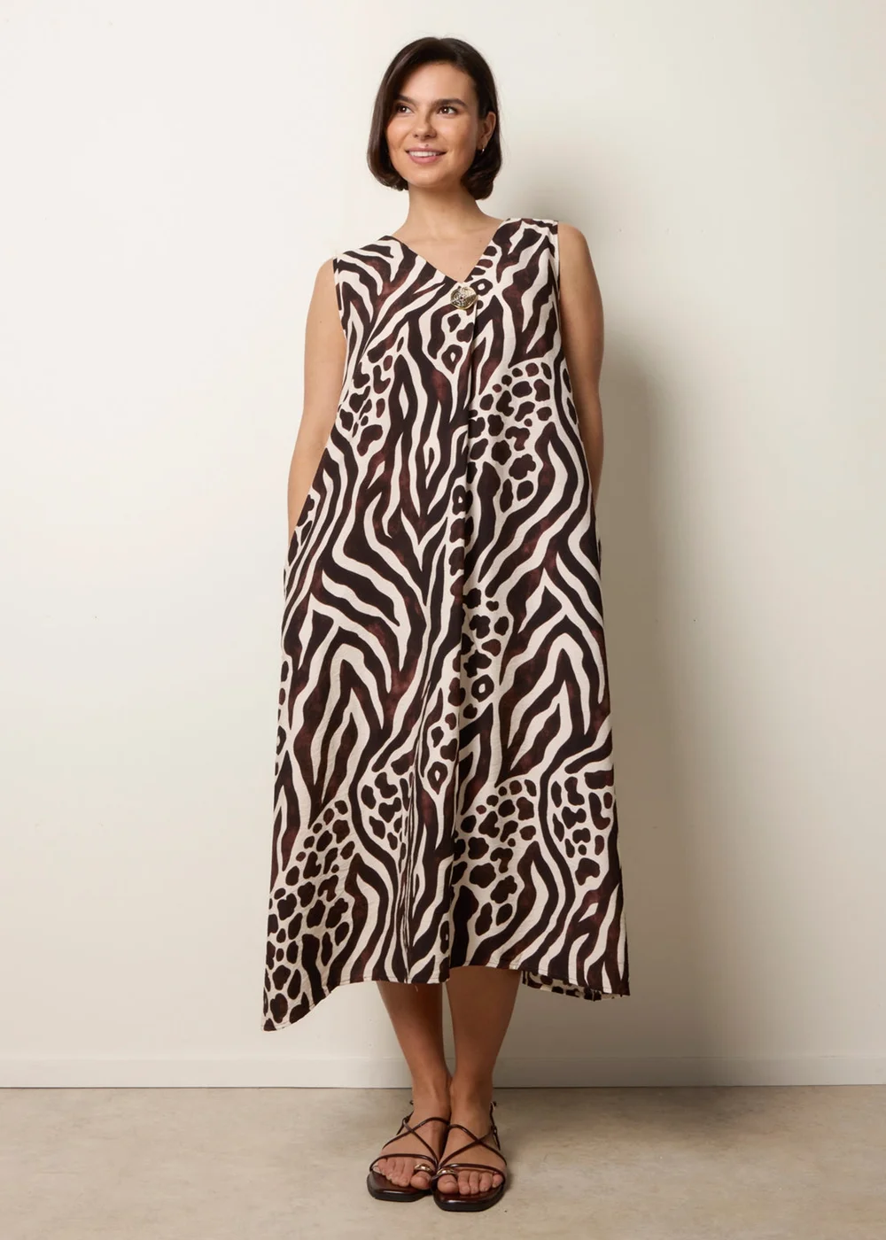 Blue Vanilla Brown Animal Print V Neck Dress - S/M Image 3