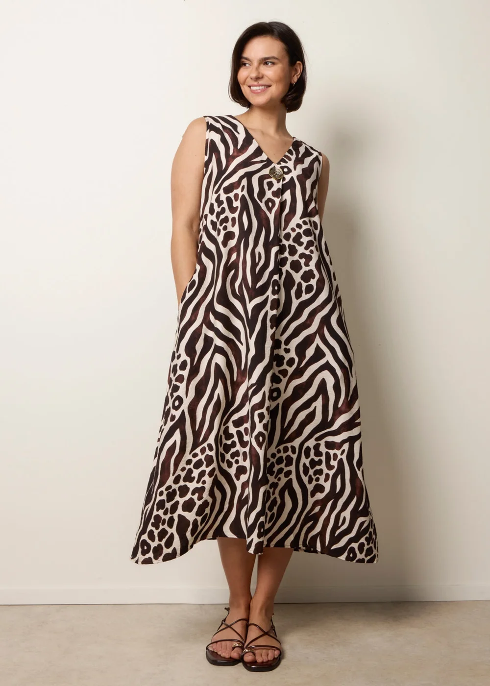Blue Vanilla Brown Animal Print V Neck Dress - S/M Image 1