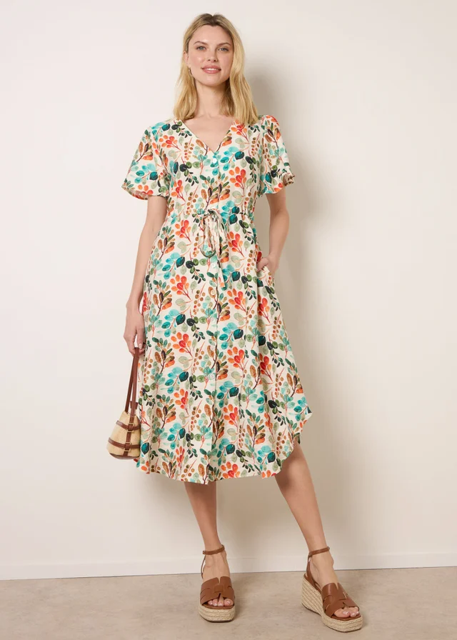 Blue Vanilla Beige Leaf Print Tie Waist Shirt Midi Dress