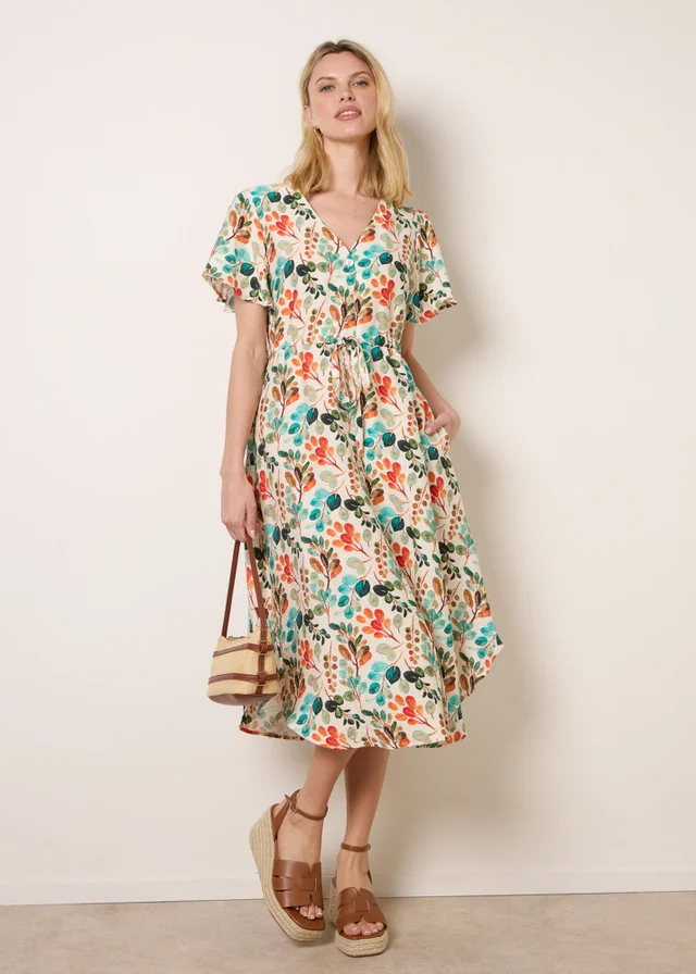Blue Vanilla Beige Leaf Print Tie Waist Shirt Midi Dress