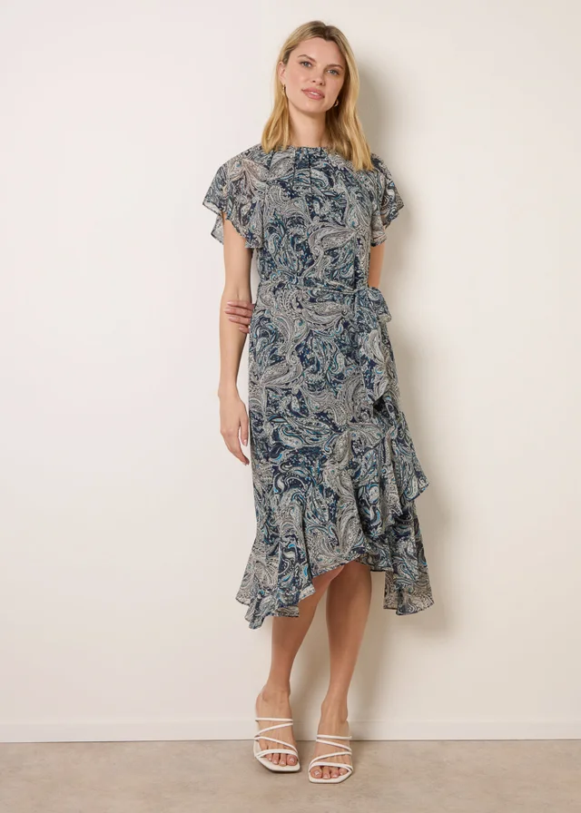 Blue Vanilla Navy Paisley Print Angel Sleeve Asymmetric Midi Dress