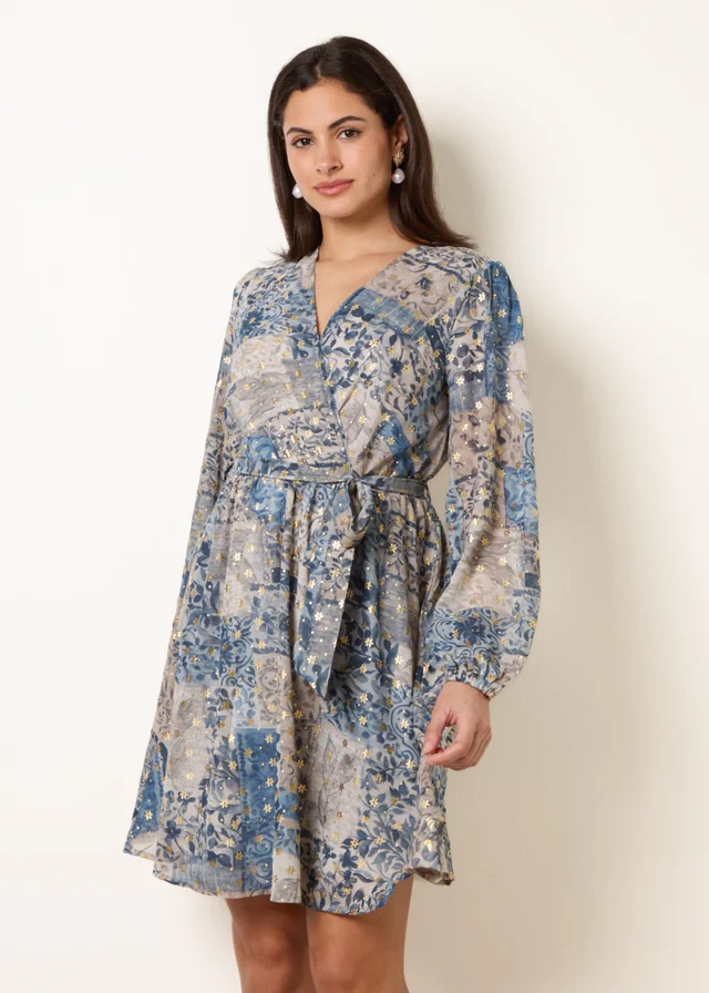 Blue Vanilla Blue Foil Patchwork Mini Dress