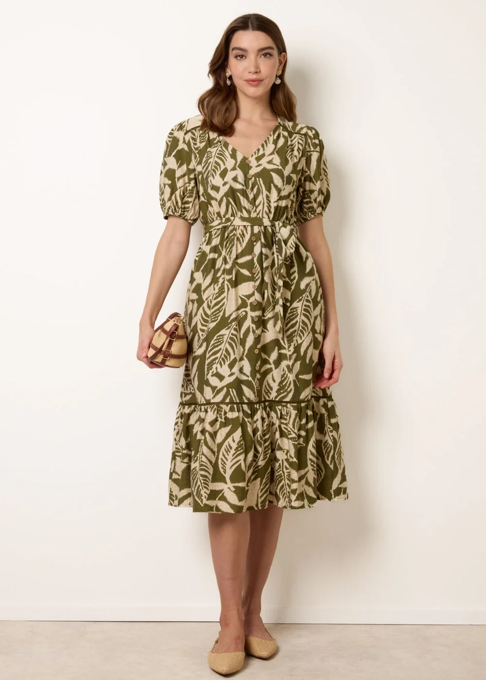 Blue Vanilla Khaki Coconut Button Belted Midi Dress - L Image 1