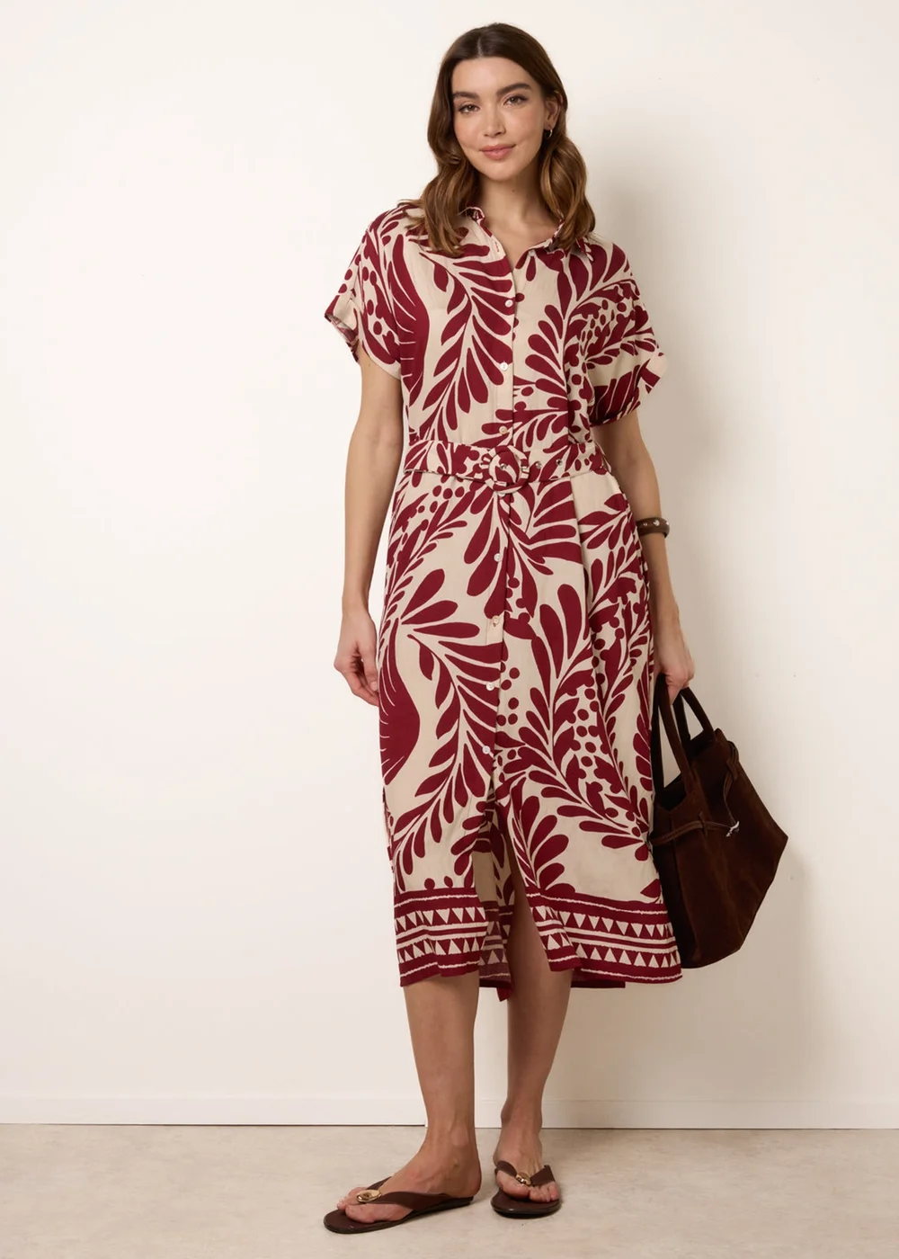 Blue Vanilla Burgundy Tropical Leaf Print Belted Shirt Dress - S Image 3