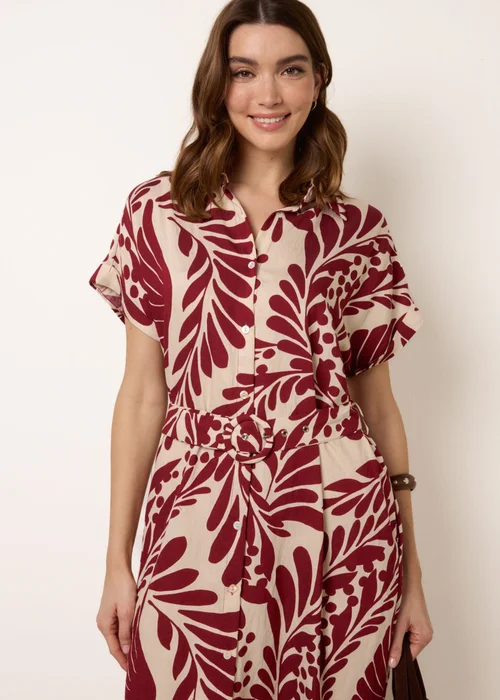Blue Vanilla Burgundy Tropical Leaf Print Belted Shirt Dress - S Image 2