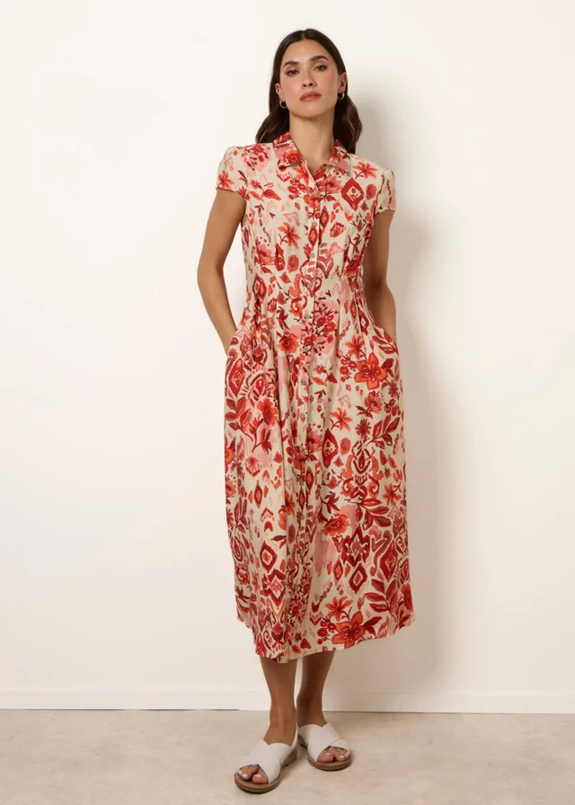 Blue Vanilla Orange Watercolour Floral Printed Button Front Shirt Dress
