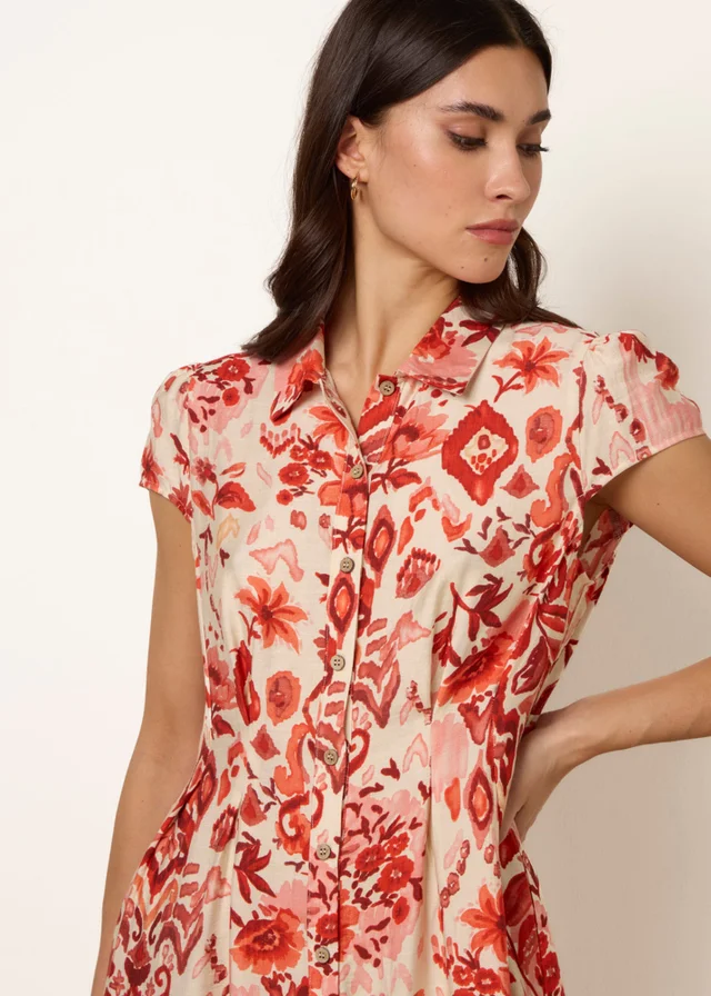 Blue Vanilla Orange Watercolour Floral Printed Button Front Shirt Dress