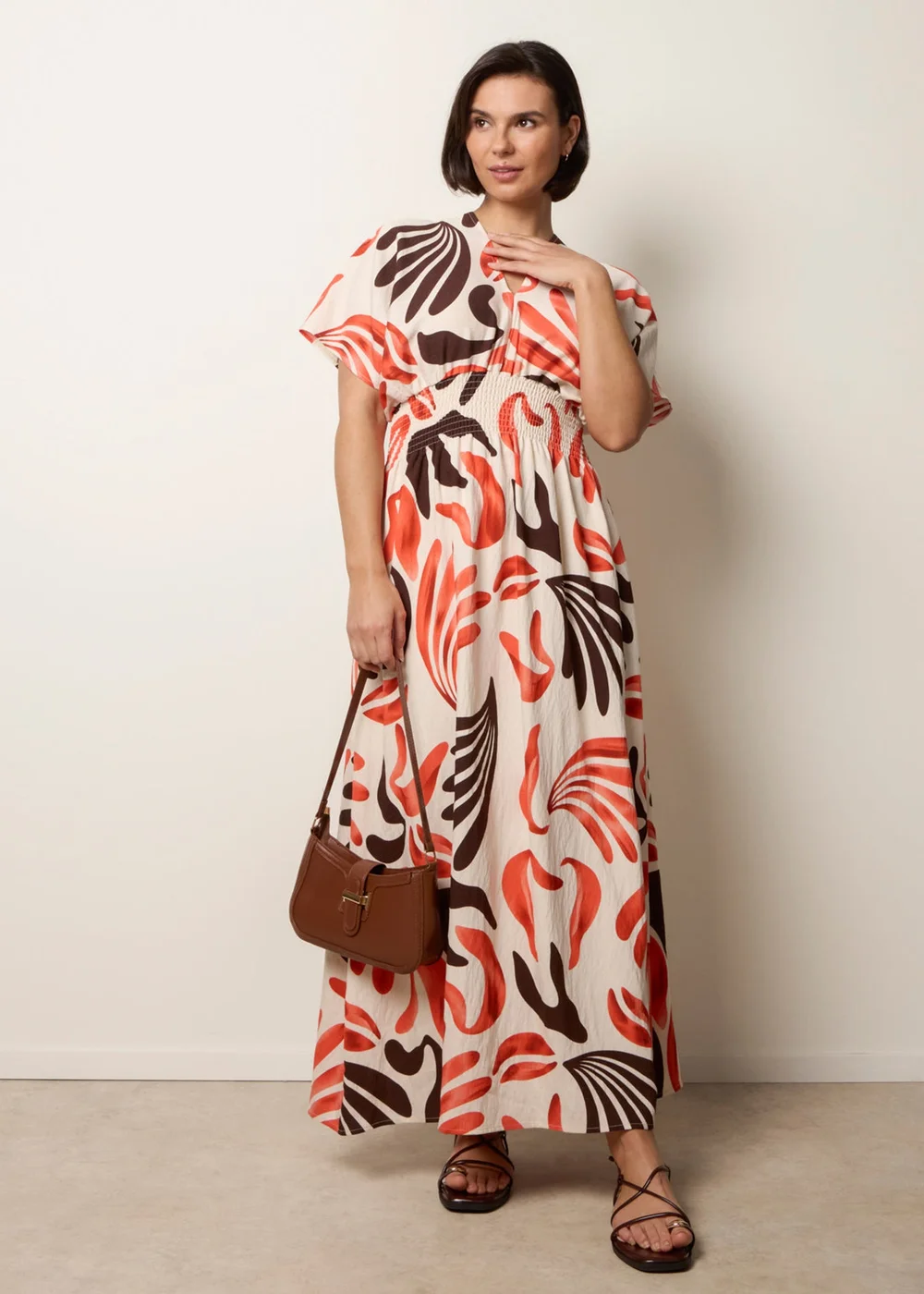 Blue Vanilla Orange V Neck Abstract Leaf Print Dress - M Image 1