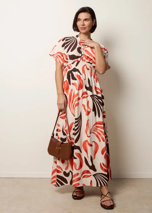 Blue Vanilla Orange V Neck Abstract Leaf Print Dress - M Image 1