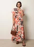 Blue Vanilla Orange V Neck Abstract Leaf Print Dress - M Image 1