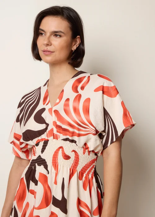 Blue Vanilla Orange V Neck Abstract Leaf Print Dress - M Image 2