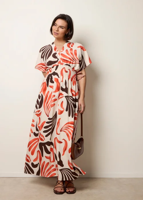 Blue Vanilla Orange V Neck Abstract Leaf Print Dress - M Image 3
