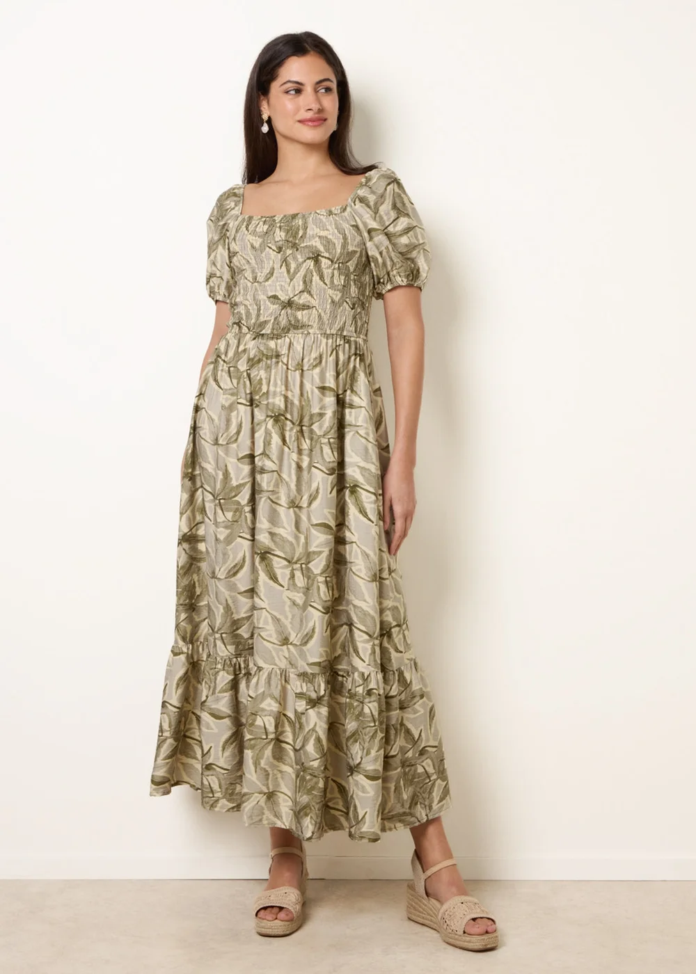 Blue Vanilla Green Large Floral Printed Square Neck Puff Sleeve Dress - M/L Image 3