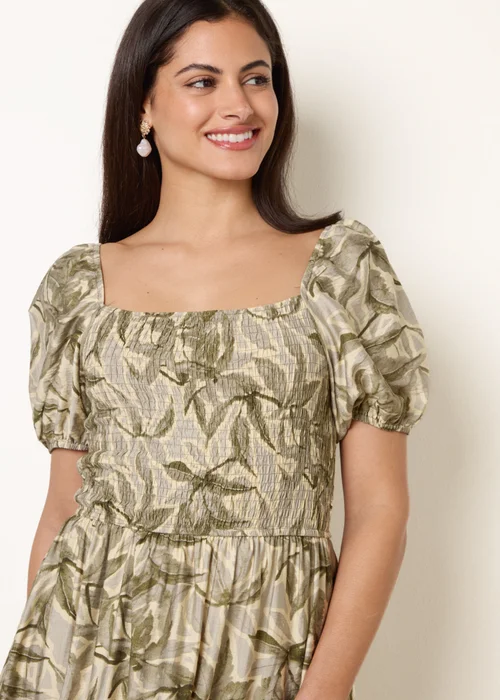 Blue Vanilla Green Large Floral Printed Square Neck Puff Sleeve Dress - M/L Image 2