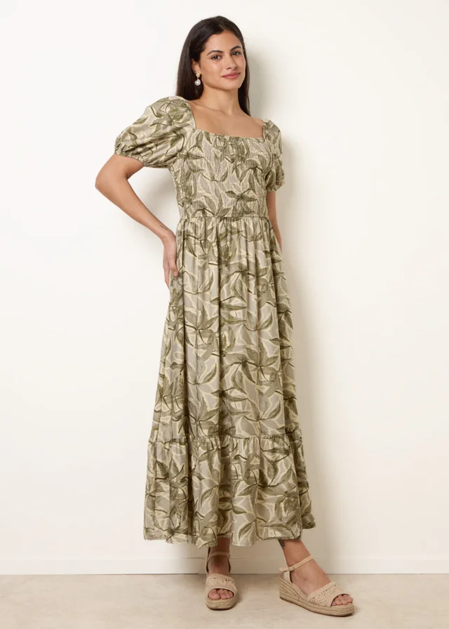 Blue Vanilla Green Large Floral Printed Square Neck Puff Sleeve Dress