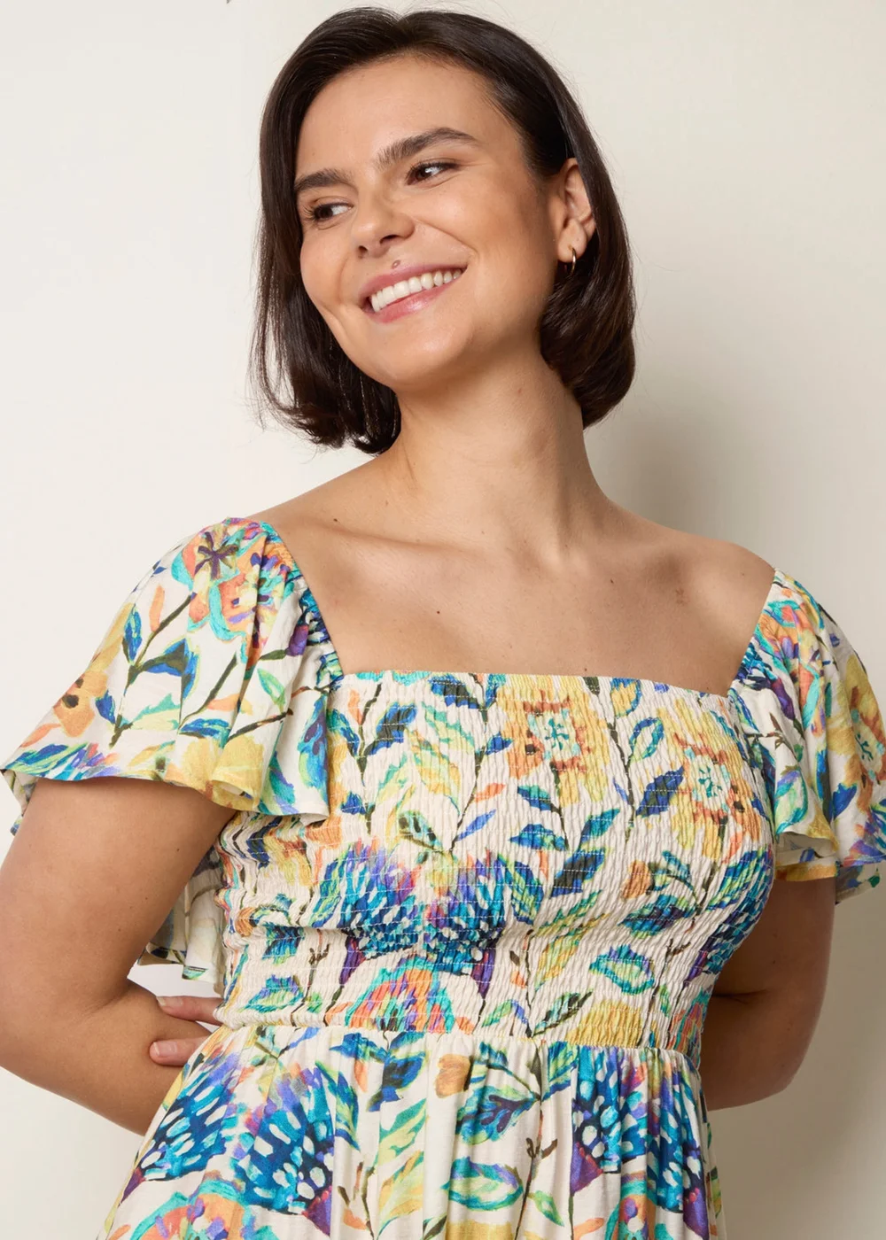 Blue Vanilla Multi Frill Sleeveless Tropical Floral Print Dress - M Image 2