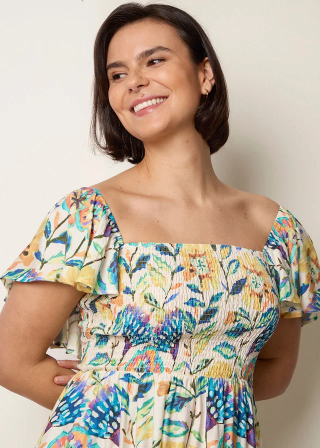 Blue Vanilla Multi Frill Sleeveless Tropical Floral Print Dress