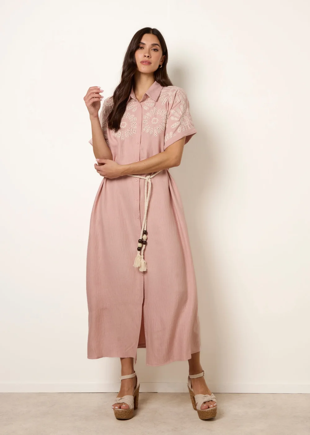 Blue Vanilla Pink Floral Cutwork Embroidery Dress - L Image 1