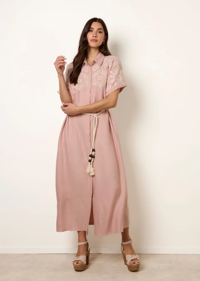 Blue Vanilla Pink Floral Cutwork Embroidery Dress