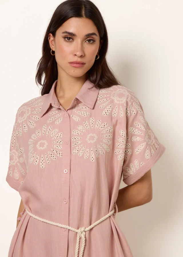 Blue Vanilla Pink Floral Cutwork Embroidery Dress