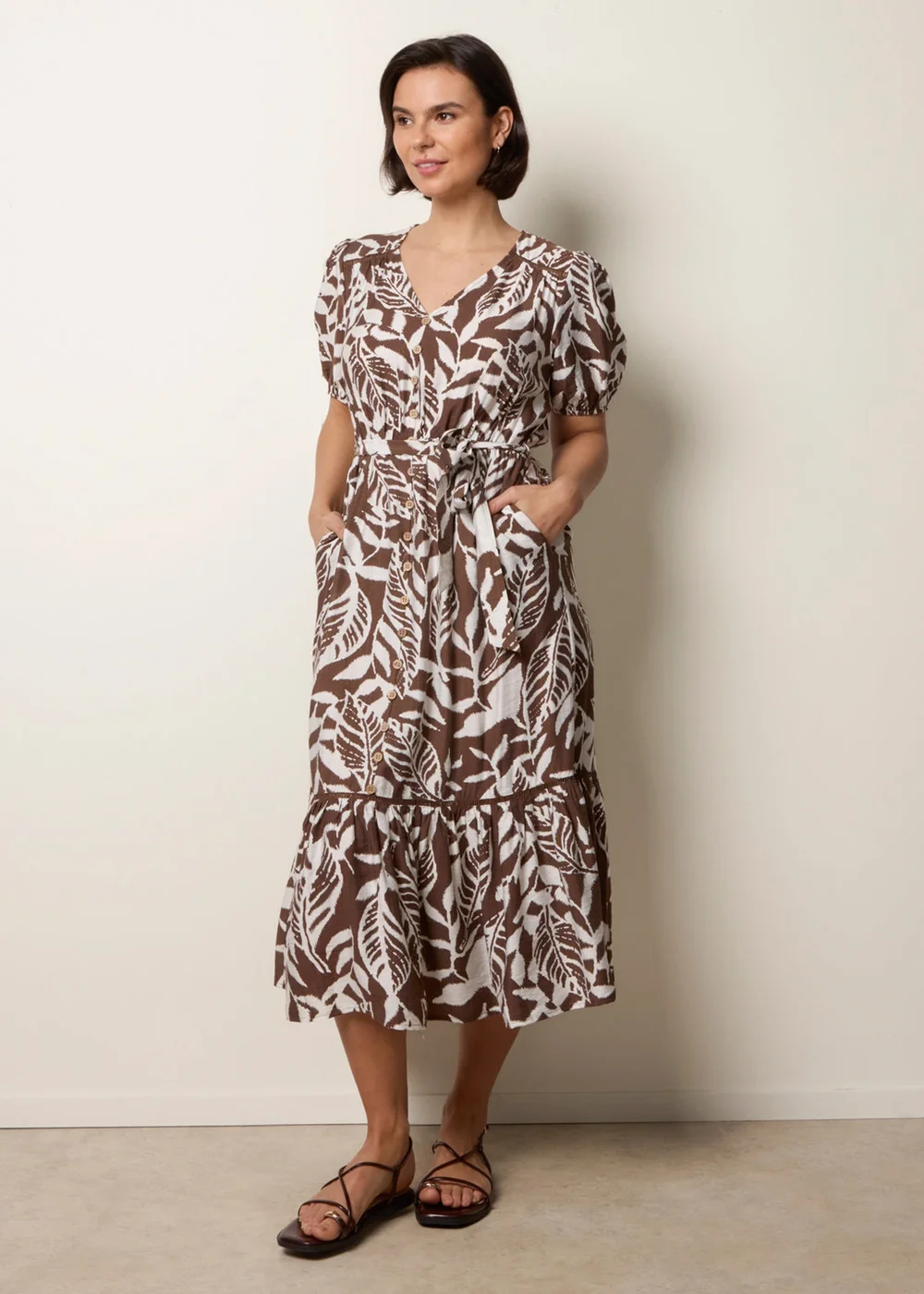 Blue Vanilla Brown Coconut Button Belted Midi Dress - L Image 1