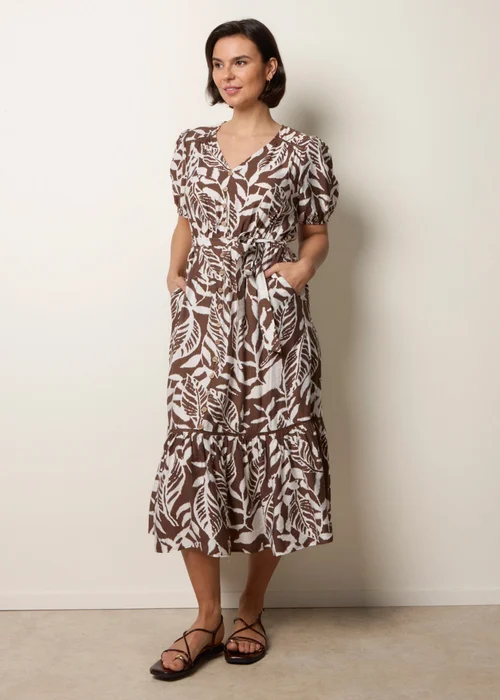 Blue Vanilla Brown Coconut Button Belted Midi Dress - L Image 1