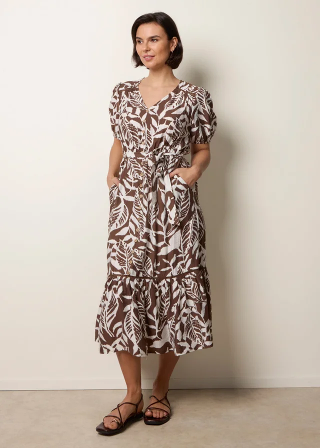 Blue Vanilla Brown Coconut Button Belted Midi Dress